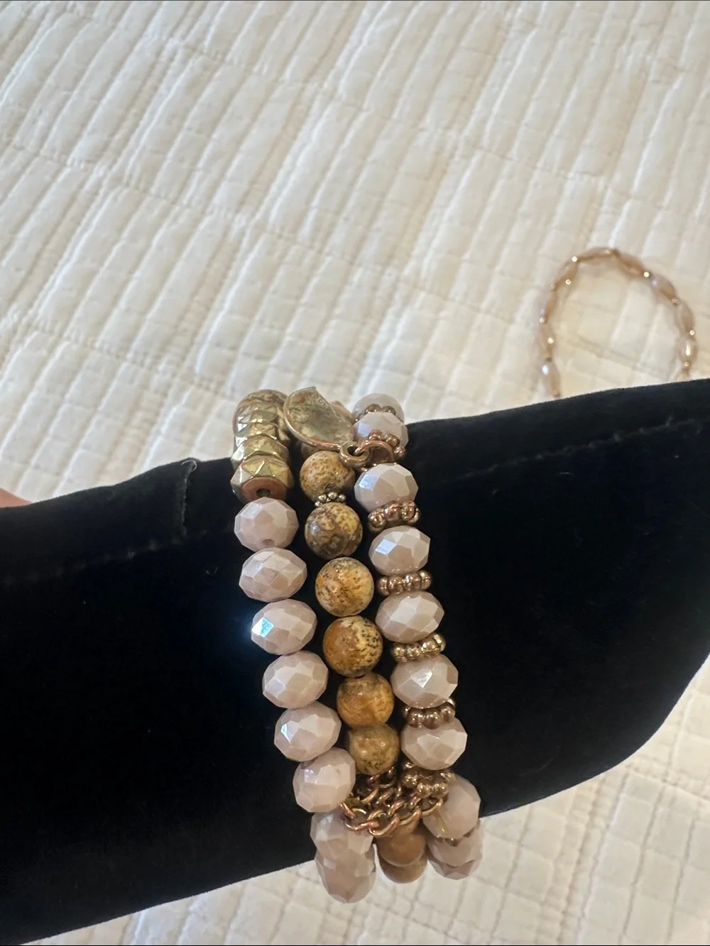 Neutral Stone and Faceted Bead Stack Bracelet with Gold Feather Charm